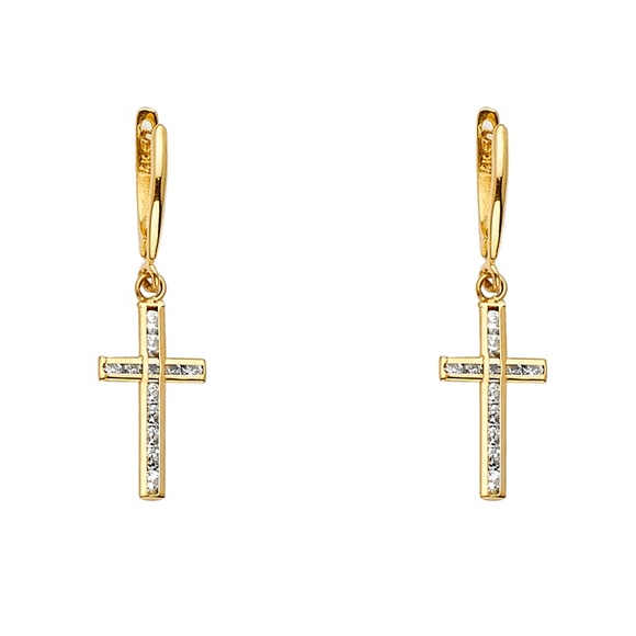 14k yellow gold CZ Cross dangling earrings